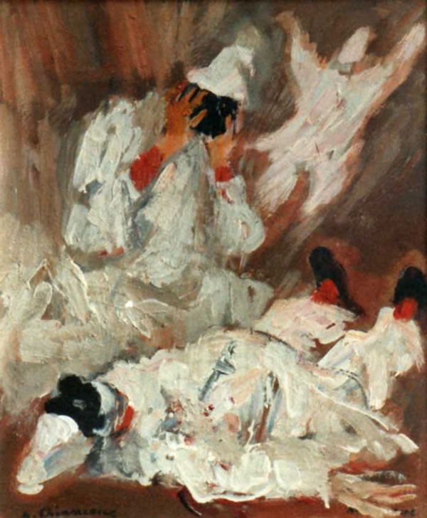 Morte di Pulcinella, sd 1960, olio su cartone telato, cm 30x24,5, Napoli collezione Dott. Spadetta